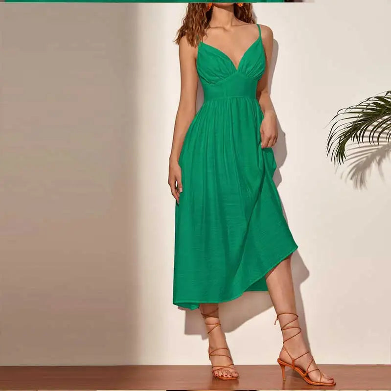 Halters Sexy Long Skirt Temperament Commuter Solid Color V-neck Waist French Road North A-line Skirt Dress green