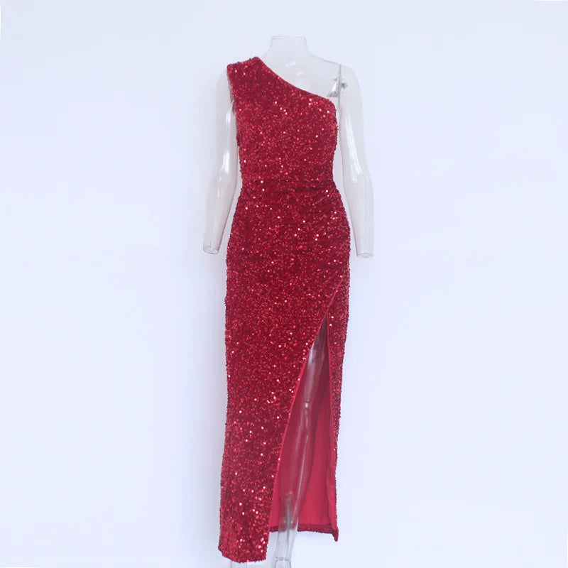 Party Dresses For Women Sexy Sequin Night Robe One Shoulder Sleeveless Bodycon Evening Maxi Dress Clothing
