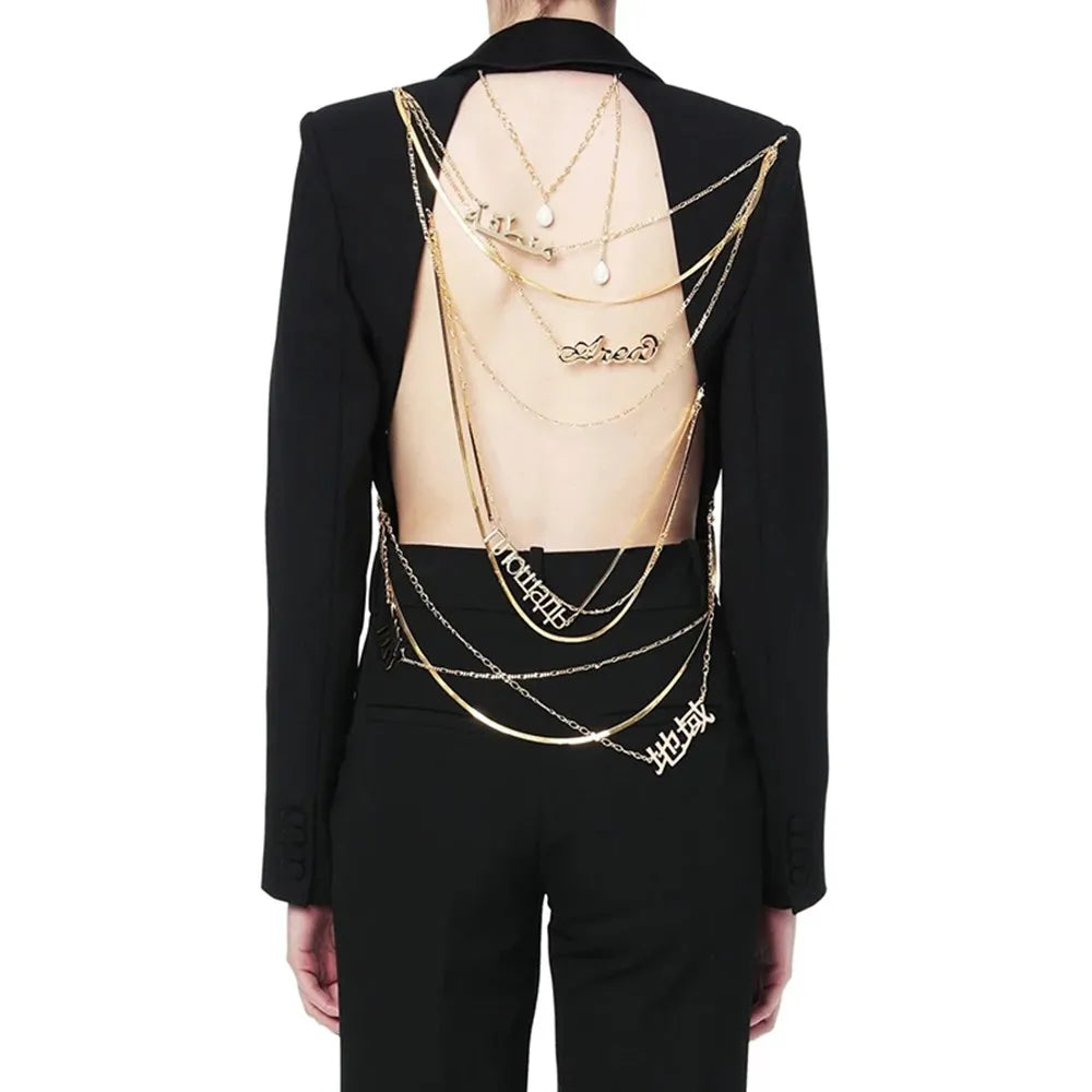 Backless Spliced Button Blazers For Women Notched Collar Long Sleeve Patchwork Chain Chic Blazer Female Fashion New