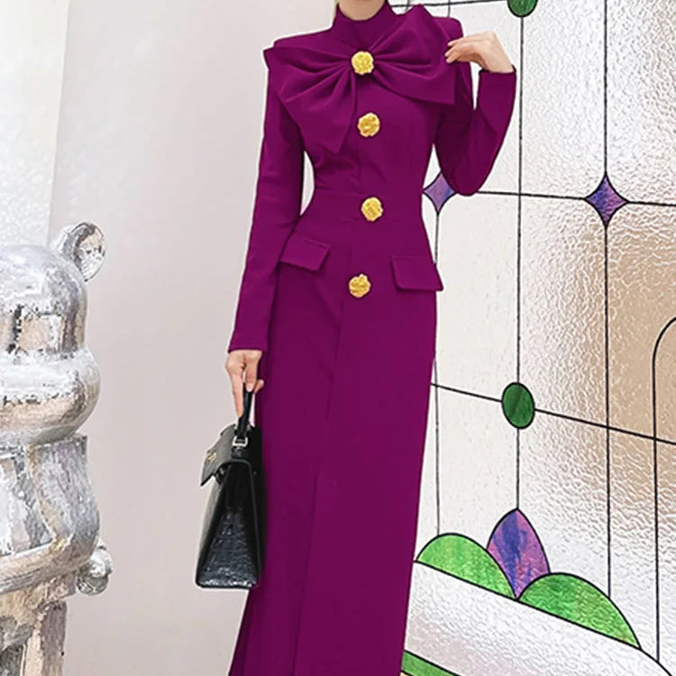Runway Autumn Midi Dresses for Women Elegant Black Green Vestidos Long Sleeve Straight Party Robe Femme Plus Size XXL PURPLE