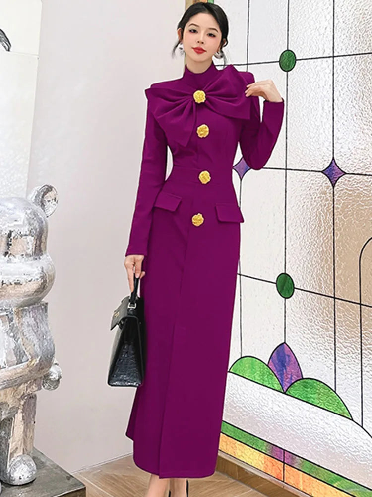 Runway Autumn Midi Dresses for Women Elegant Black Green Vestidos Long Sleeve Straight Party Robe Femme Plus Size XXL PURPLE