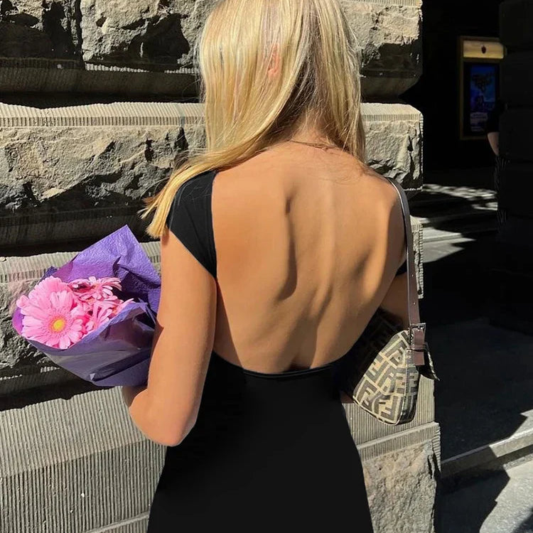 Cutenew Elegant Short Sleeve Bodycon Maxi Dress O-neck Solid Women's Backless Summer Sexy Streetwear Stretch Robe Lady Dresses