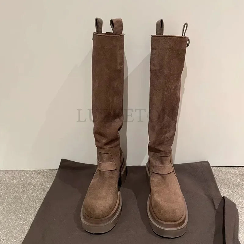 Fashion Women Boots Spring Winter Thick-soled Knee-high Suede Long Comfort Round Toe Botines Mujer Knight Boots