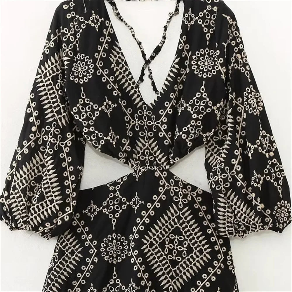 Summer New Women's V-neck Fluffy Sleeve Open Design Sexy Backless Long Dress Embroidered Midi Dress