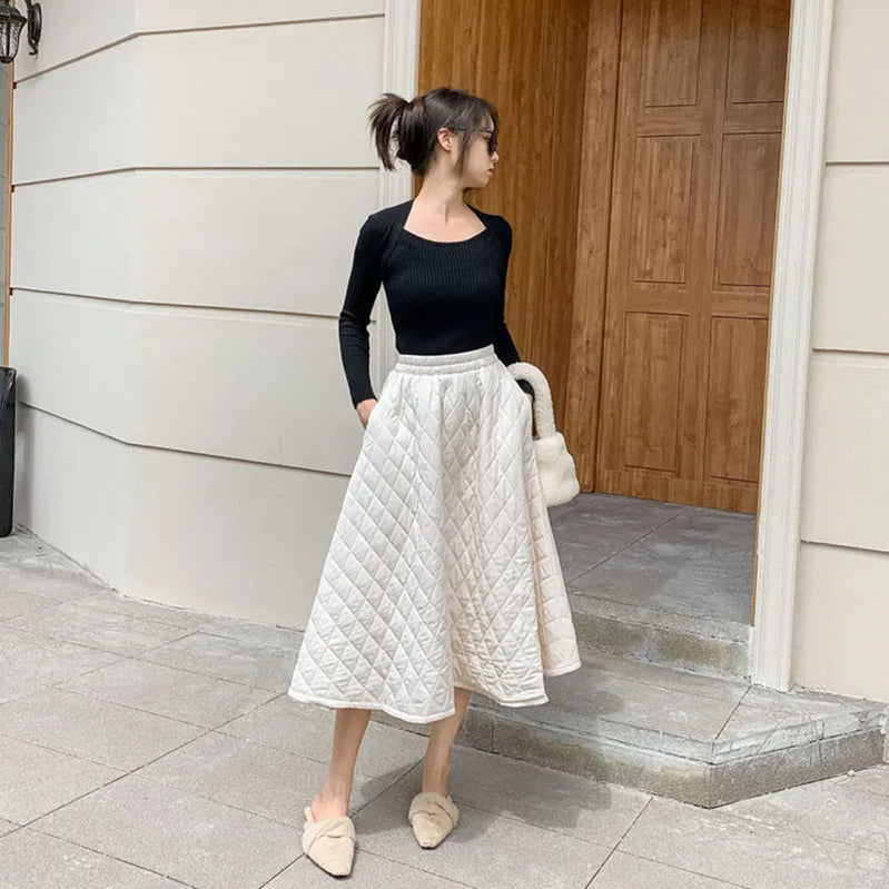 Winter Down Padded A-line Skirt Women Black Solid Pockets Long Skirts Thickening Warm Bottoms Jupe Chic Female