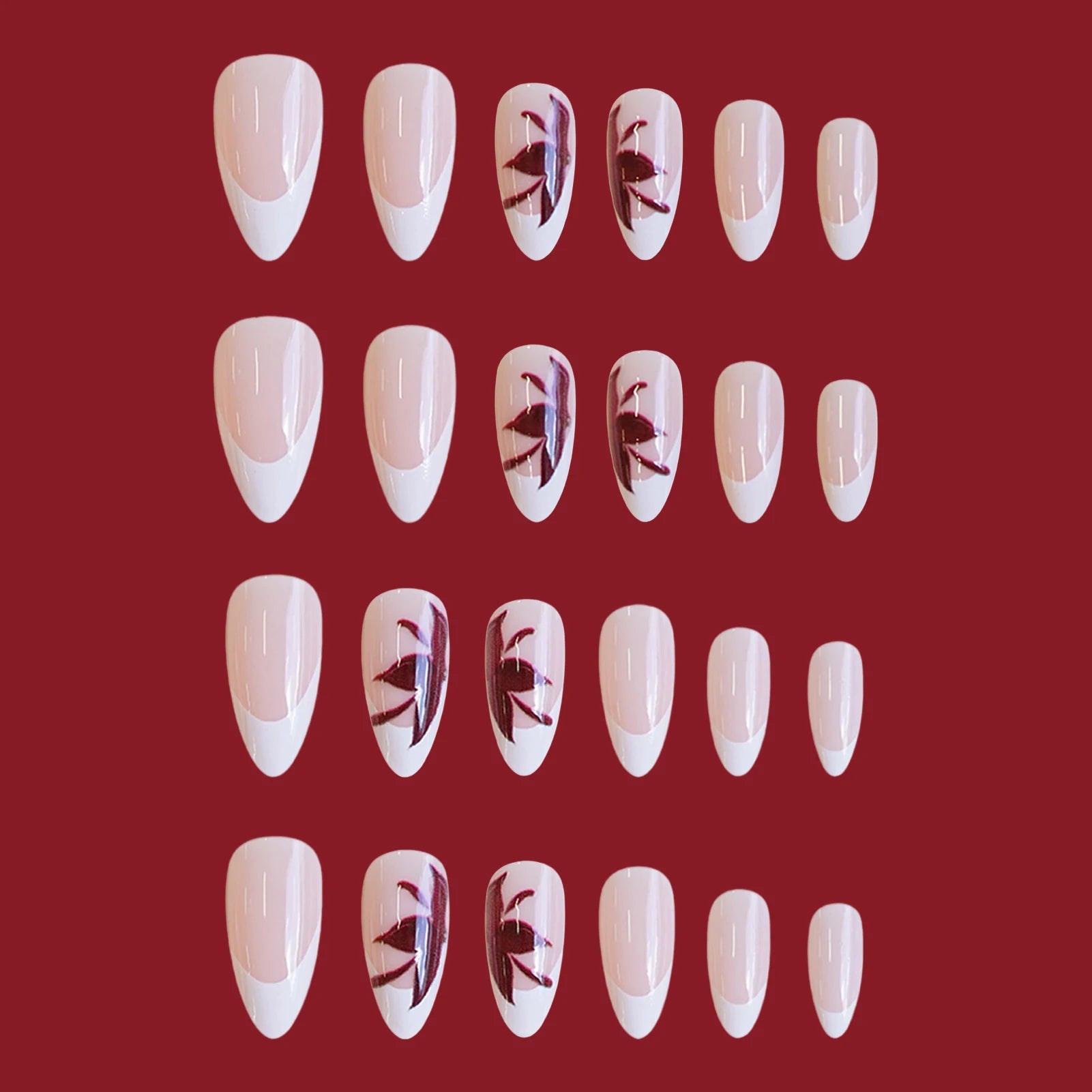 24Pcs White French Fake Nails Nude Color Almond Press On Nails Red Flower Printed Women Reusable False Nails DIY Manicure