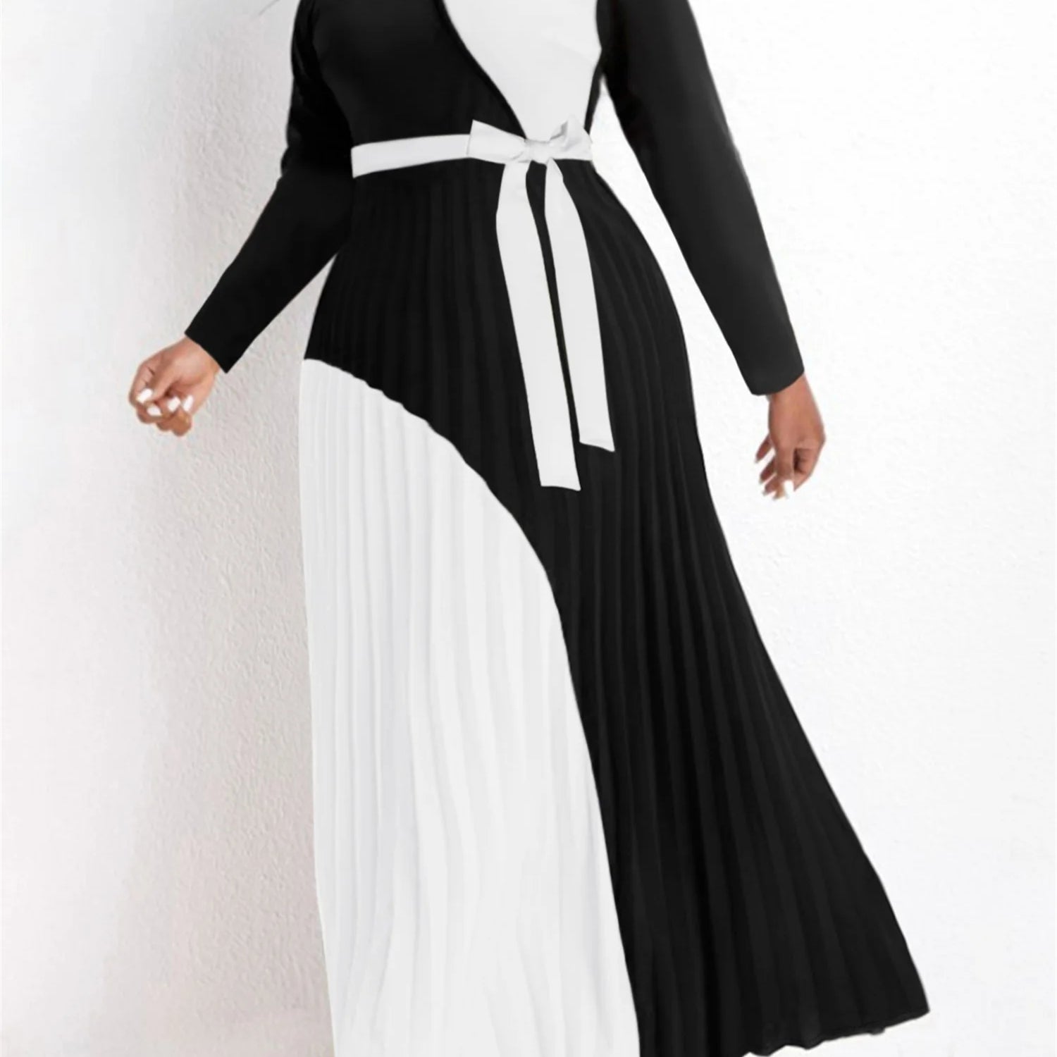 Elegant Fall Maxi Dresses Bandage Design Tiered Pleated A Line Dress Belted Long Sleeve V Neck Flowy Patchwork Vestidos WHITE