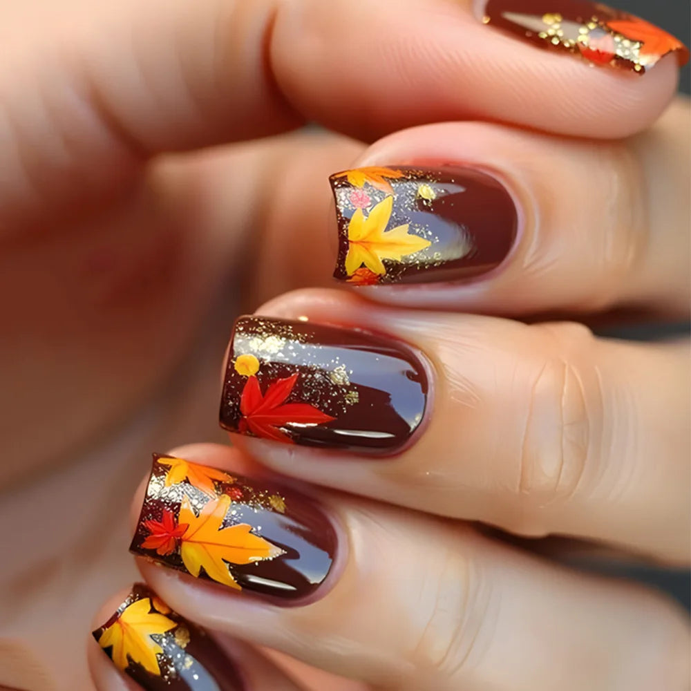 Short middle square ballet fake nails sparkling plant flowers maple leaves gradient Peacock feathers press on false nails set