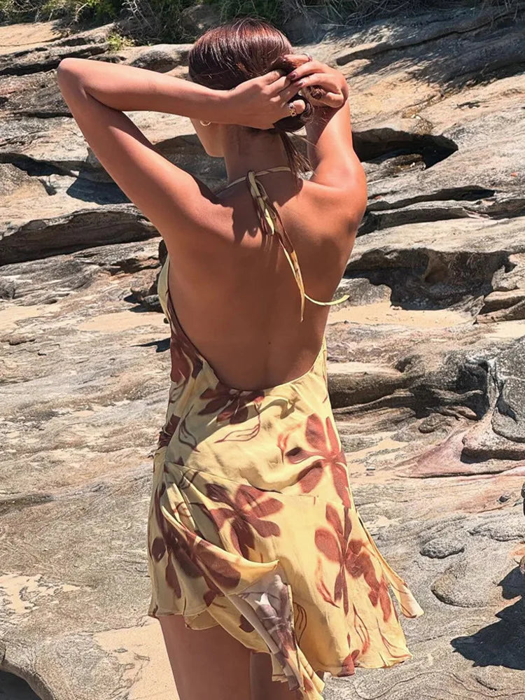 Halter Print Sexy Mini Dress For Women Robe Elegant Deep V Neck Sleeveless Backless Ruffled High Waist Beach Dress