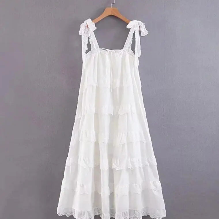 BOHO Stitching Lace Ruffles Tide Bow Spaghetti Strap Dress Ethnic Woman Slash Collar Long Big Swing Cake Dresses Holiay Robe