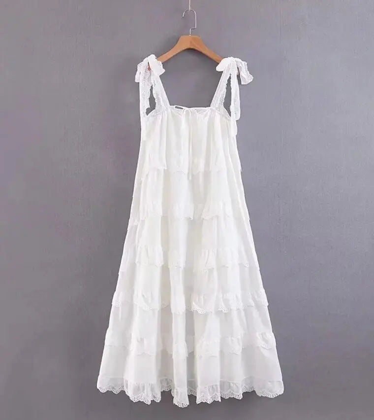 BOHO Stitching Lace Ruffles Tide Bow Spaghetti Strap Dress Ethnic Woman Slash Collar Long Big Swing Cake Dresses Holiay Robe