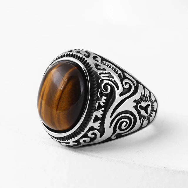 Stainless Steel Jewelry Ring Men Black Stone Rings Trend Charm Fashion Male Women Finger Band Engagement Wedding Gift Tiger Us Size