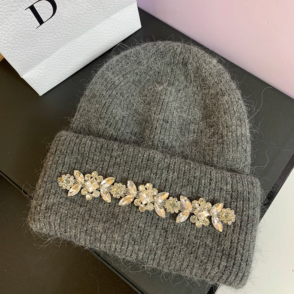 Real Rabbit Fur Knitted Hats for Women Winter Warm Beanie Luxury Rhinestones Bonnet Lady Outdoor Skiing Skullies Beanies Caps