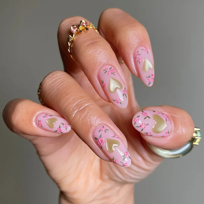 24Pcs Nude Pink Press on Fake Nails with Flower Design Short Almond French False Nails Golden Stripes Manicure Wearable Nail Tip