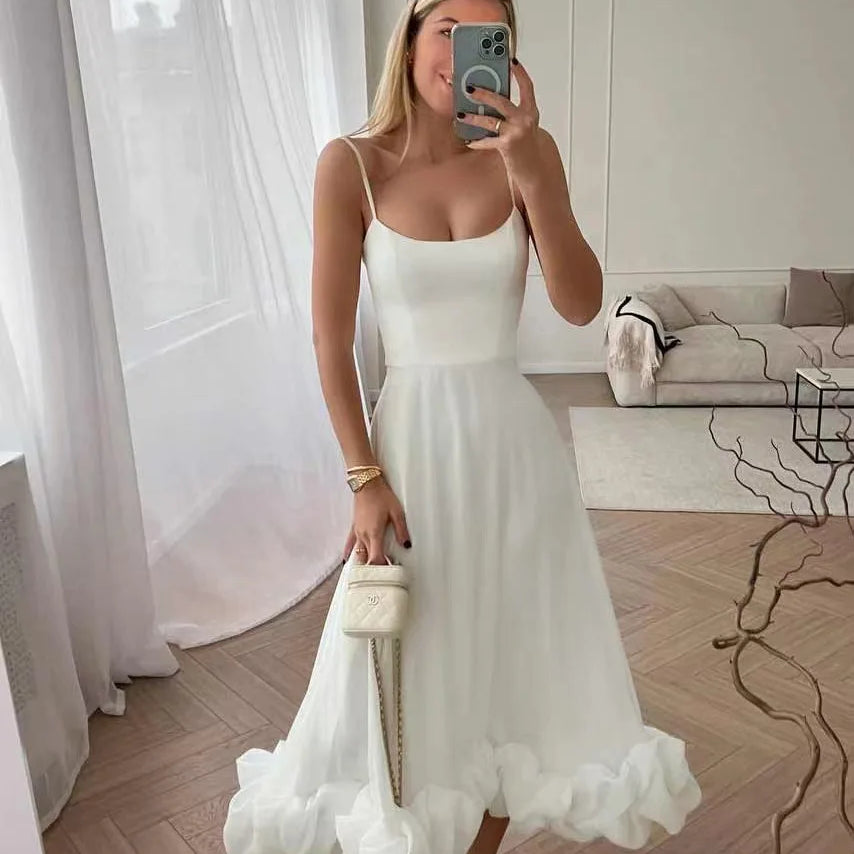 Bridal Luxury Evening Dresse Slim Fit Slash Neck A-LINE Sleeveless Ankle-Length Solid Chiffon Dress Women white