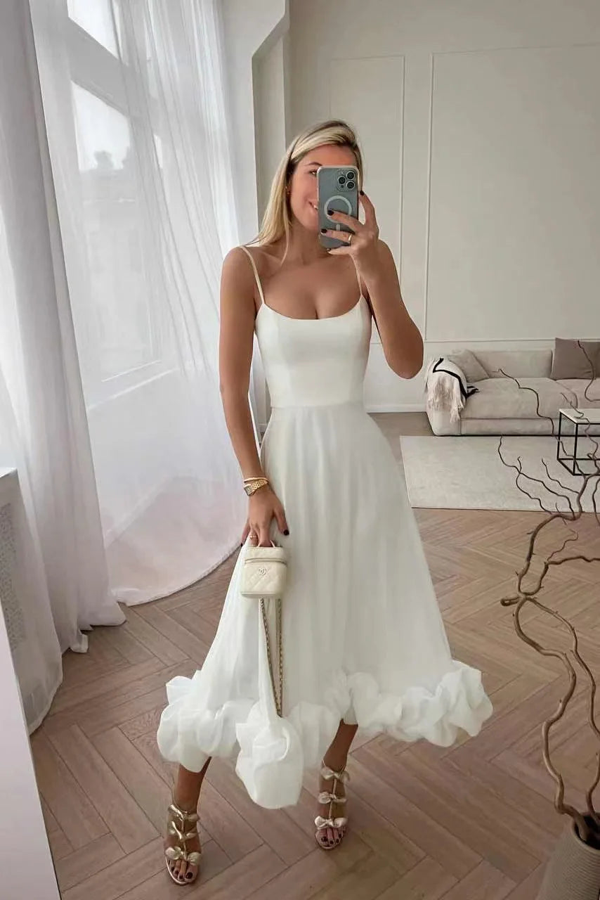 Bridal Luxury Evening Dresse Slim Fit Slash Neck A-LINE Sleeveless Ankle-Length Solid Chiffon Dress Women white
