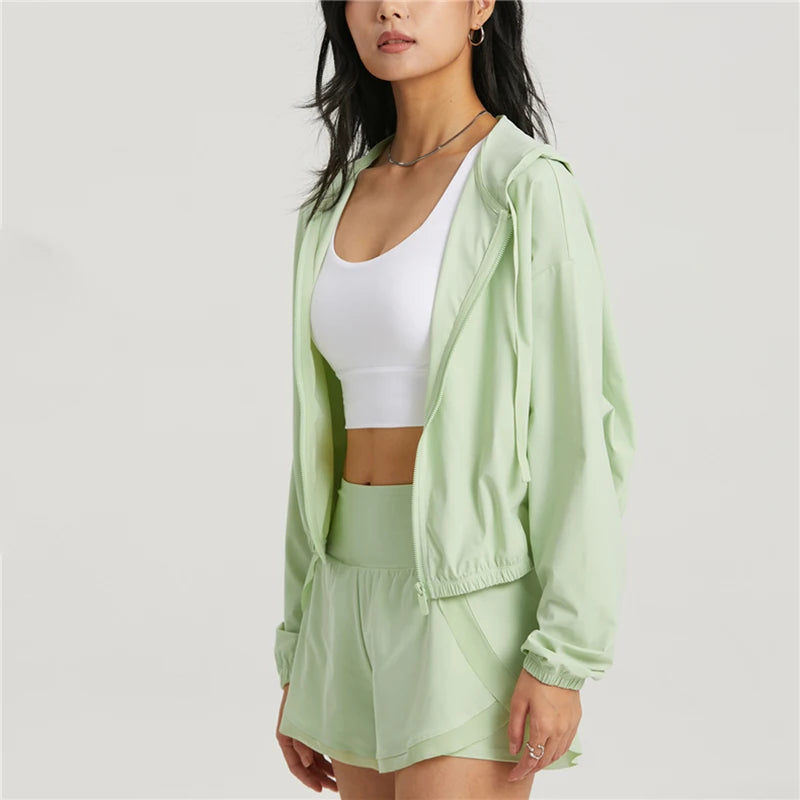 Summer Style Sun-proof Sports Jacket Long Sleeve With Hat Causal Wear Skin Friendly Breathe Freely Women Tops Green