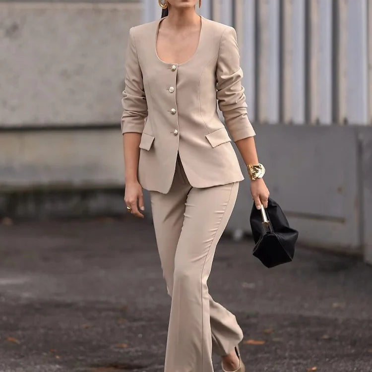 TRAF Spring Women's Khaki Office Lady Blazer Suit Single Breasted Jacket High Waist Women's Slightly Spicy Zipper Pants Set