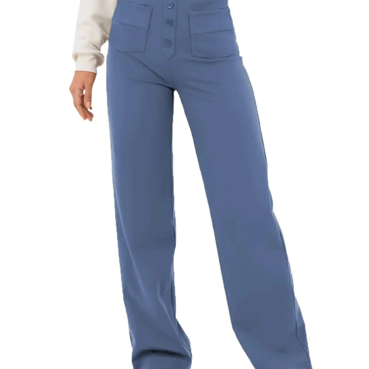 Women's High-waisted Elastic Casual Trousers Fashionable Casual Straight-leg Pants Buttoned Elegant Casual Pants Light Blue