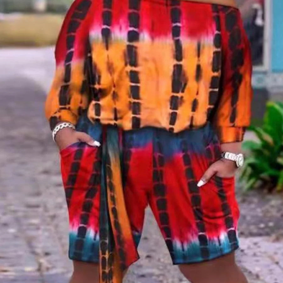 LW Plus Size shorts Two pieces sets casual long sleeve Tie Dye Bandage Top + Shorts Set 2024 NEW Spring summer Fashion 2pcs set