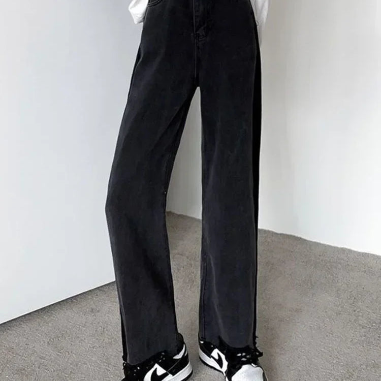 Korean Ankle Length New Hight Waist Side Stripe Straight Jeans Woman Baggy Big Size 5xl Wide Leg Denim Pants Spring black