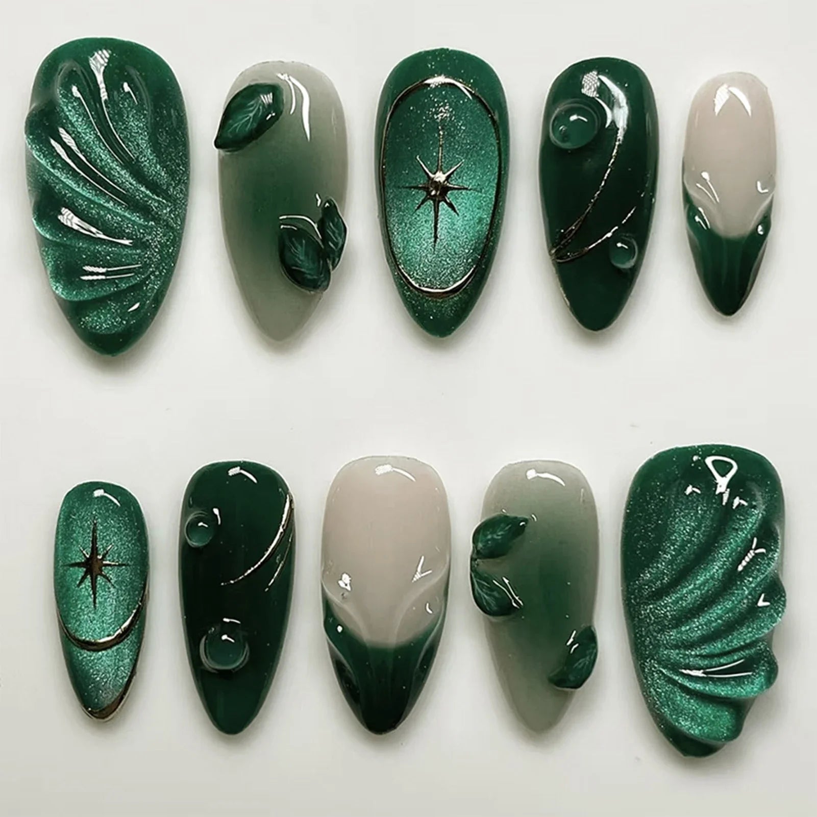 Glossy Green Fake Nails 24Pcs French Almond Press On Nails Fairy Star Printed Full Cover False Nails DIY Charm Manicure