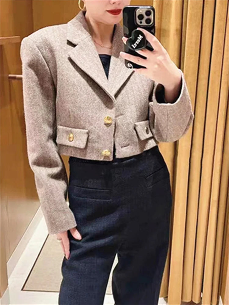 Women Notched Silhouette Short Jacket Tweed Single Metal Buttons Fashion New 2023 Ladies Coat Fall Winter