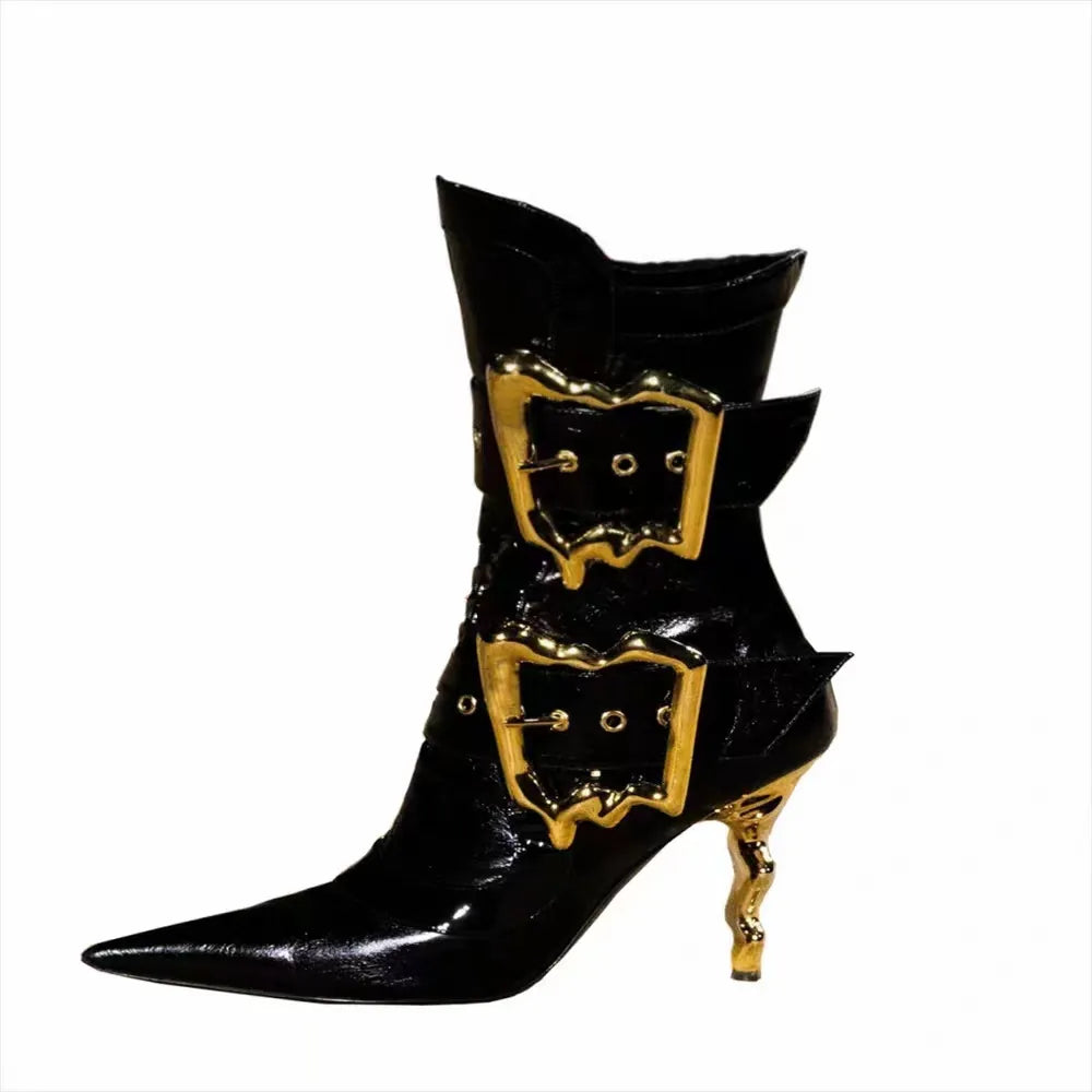 Autumn and Winter New Gold Buckle Design Knee Boots Fashion Elegant Pointed Toe High Heels Ankle Boot Brand Big Size 43 44 Black Winter 2