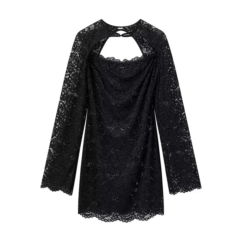 TRAF Lace Hollow Dresses Female Dresses Sumemr Mini Black Transparent Slim Lace Two Piece Set Dresses Coquette Prom Dress Luxury