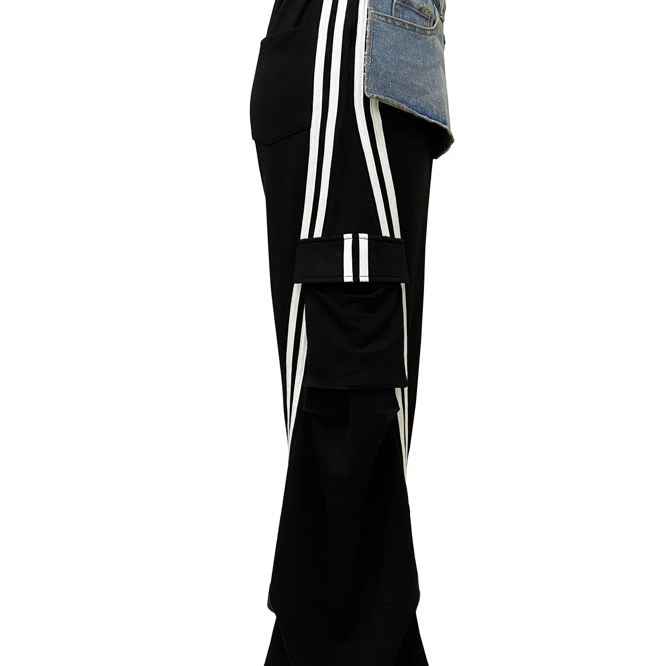 CM.YAYA Fashion Women Denim Patchwork Pocket Side Wide Leg Loose Jogger Pants 2024 Active Jean Splicing Sweatpants Trousers