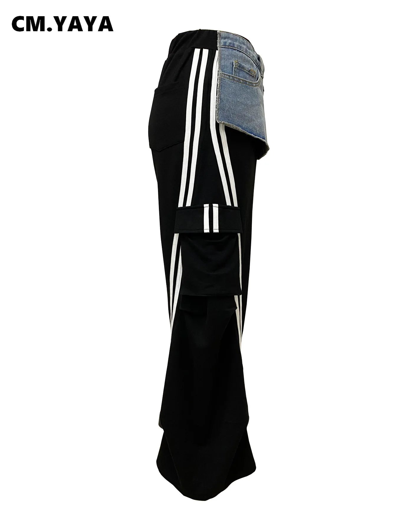 CM.YAYA Fashion Women Denim Patchwork Pocket Side Wide Leg Loose Jogger Pants 2024 Active Jean Splicing Sweatpants Trousers