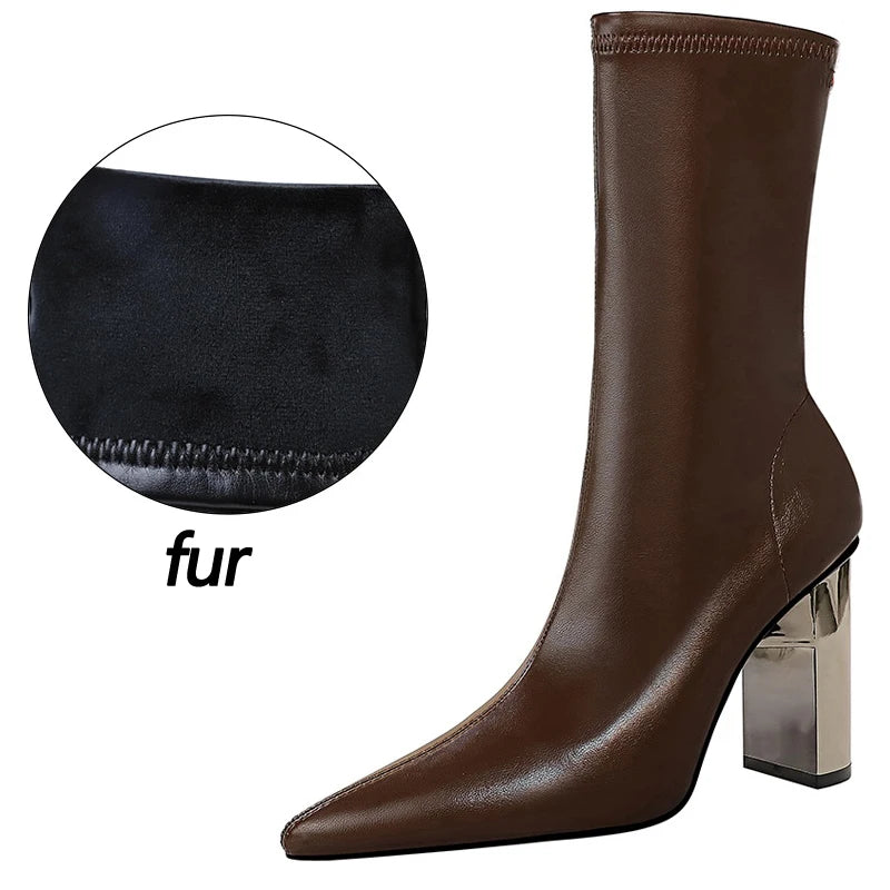 Shoes Metal Chunky Heel Leather Boots Women Mid-Calf Boots Fashion Autumn Winter Shoes High-heel Boots Female Shoes dark brownfur