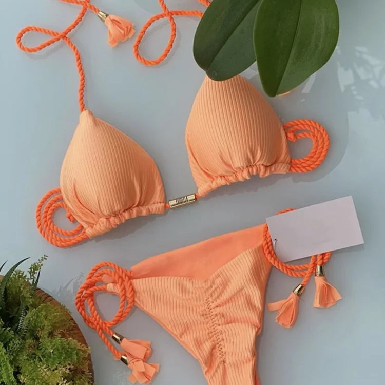 New Women Bikini Backless Rope Triangle Swimsuit Multicolor 8239