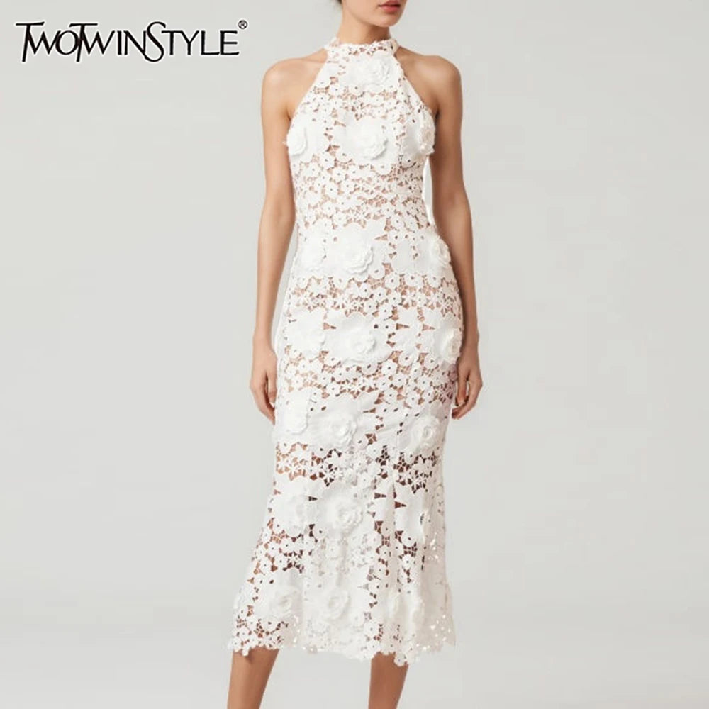 TWOTWINSTYLE Solid Slimming Hollow Out Dresses for Women Halter Neck Sleeveless Patchwork Appliques Elegant Dress Female Fashion