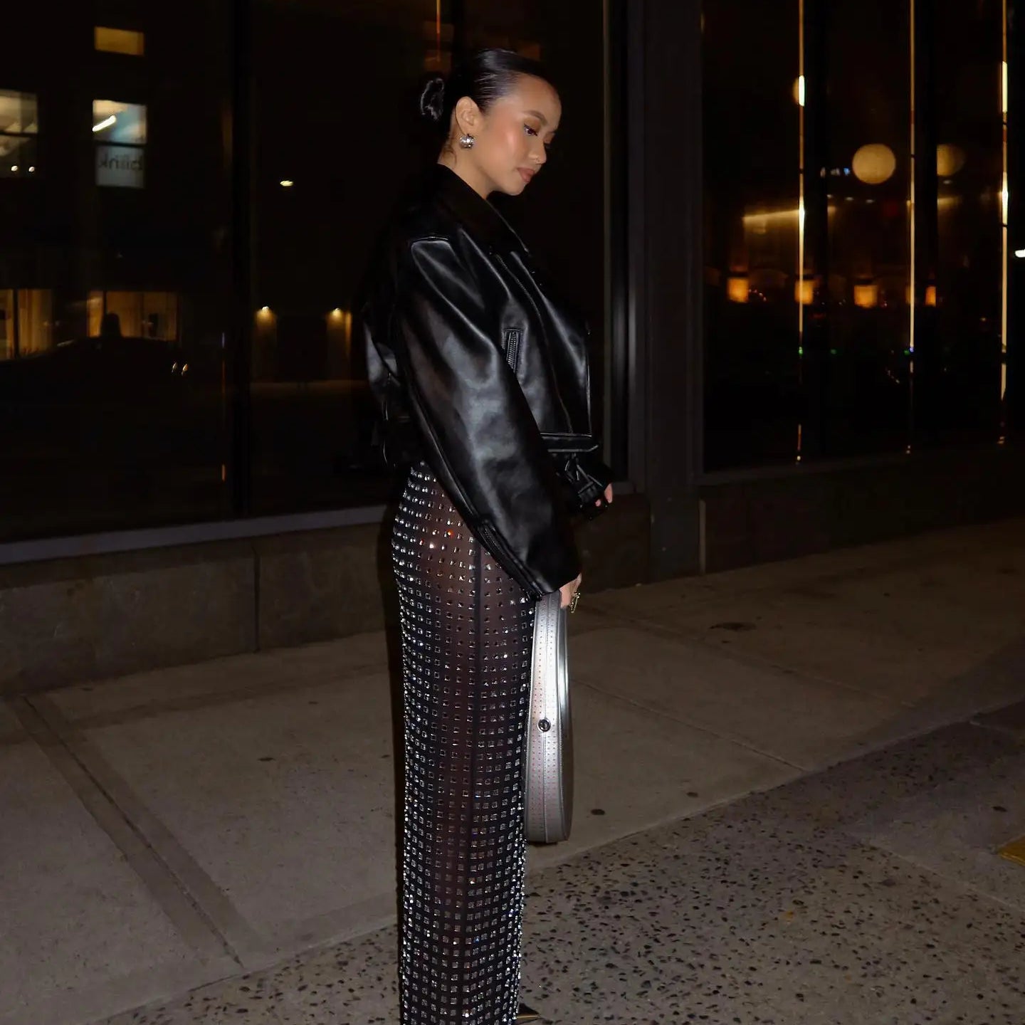 New Arrival Shining Square Diamonds Sexy Mesh See Through Black Long Skirt Fashion Woman High Street Wear Evening Party Outfit