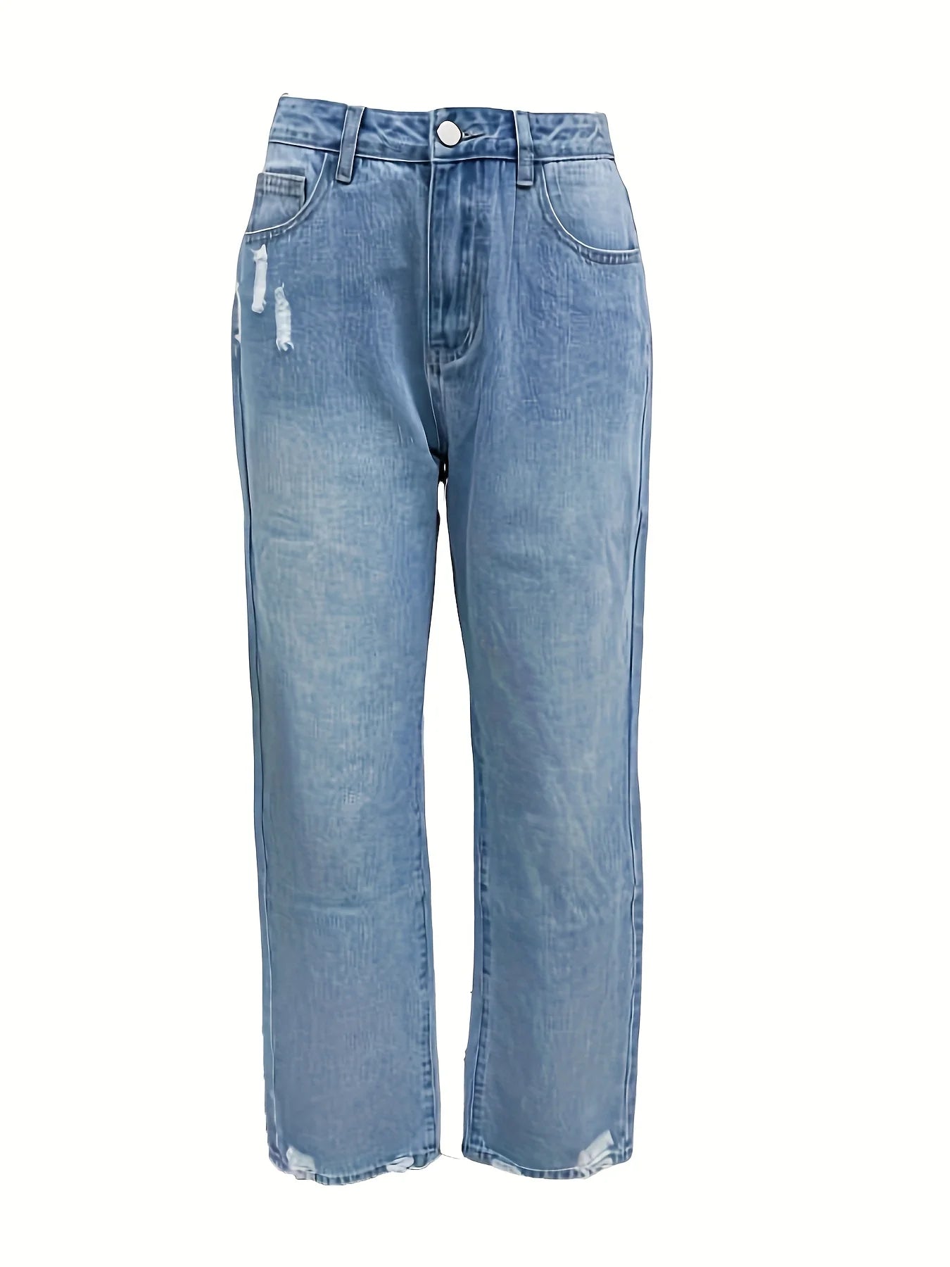 Blue Ripped Holes Straight Jeans, Loose Fit Slant Pockets Casual Wide Legs Jeans, Women's Denim Jeans & Clothing