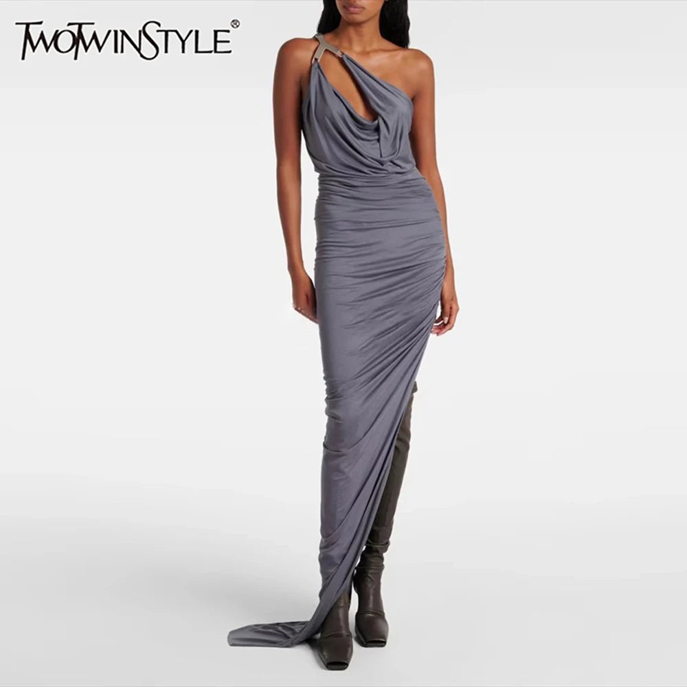 TWOTWINSTYLE Solid Slimming Spliced Folds Irregular Dresses for Women Diagonal Collar Sleeveless Split Dress Femlae Clothing New