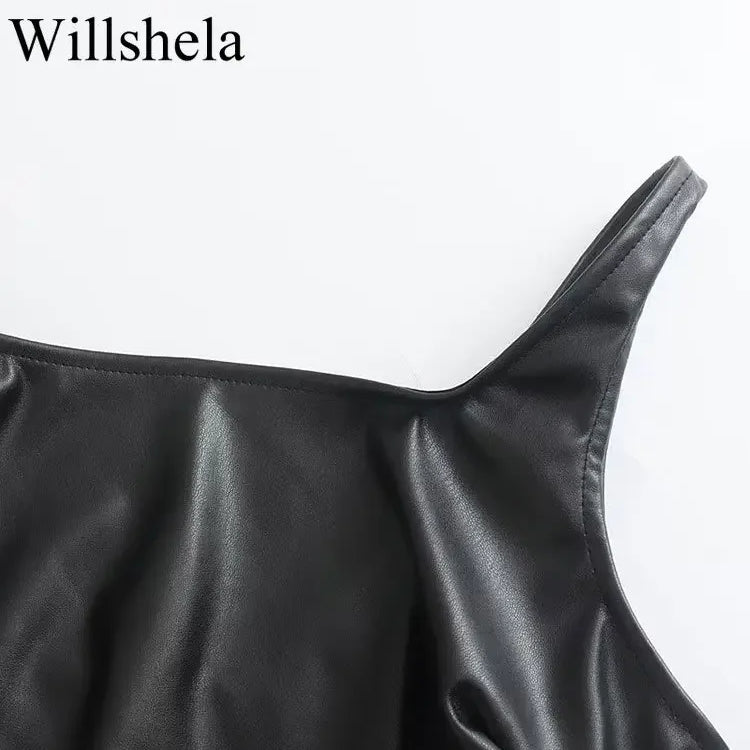 Women Fashion Black PU Leather Mini Slip Dress Vintage Square Collar Back Zipper Sleeveless Female Chic Lady Dresses