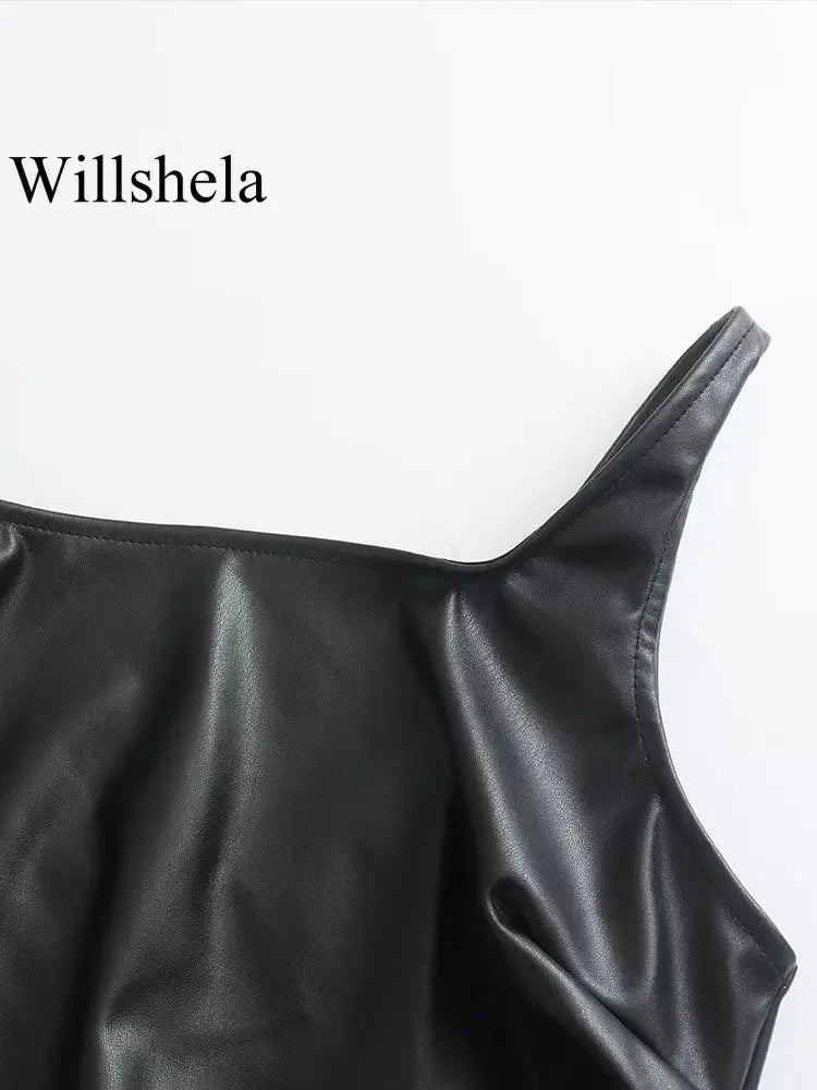 Women Fashion Black PU Leather Mini Slip Dress Vintage Square Collar Back Zipper Sleeveless Female Chic Lady Dresses