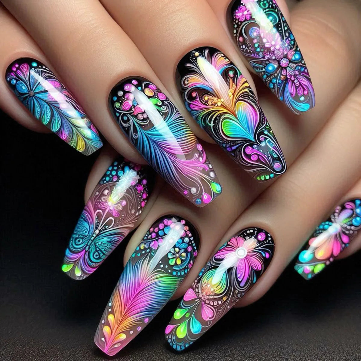 24pcs/set Short Medium long fake nails for women girls Spring summer flowers butterfly flamingo blue pink press on false nails