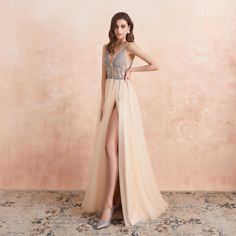 Sexy V Neck Evening Dresses for Women Champagne Crystal Beaded Beads Backless Formal Prom Gowns