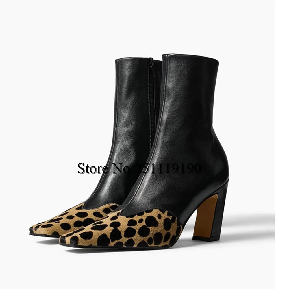 Leopard Print Pointed Toe Women's Ankle Boots Black High Heels Fashion Slip-On Dressy Shoes Women's Fall Winter Footwear Booties