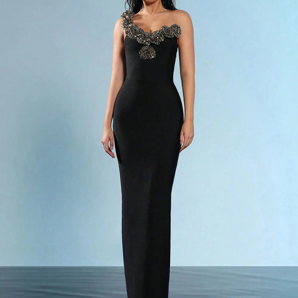 2024 Sexy Women's Light Luxury Sparkle Flower Design Bandage Dress One Shoulder Sleeveless Bodycon Long Dresses Party Vestidos