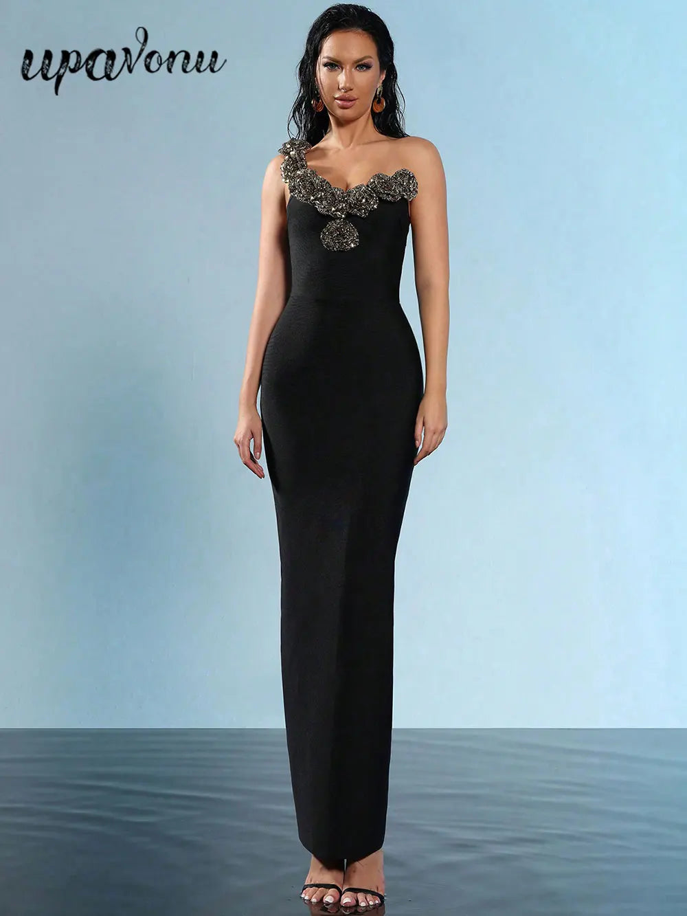 2024 Sexy Women's Light Luxury Sparkle Flower Design Bandage Dress One Shoulder Sleeveless Bodycon Long Dresses Party Vestidos