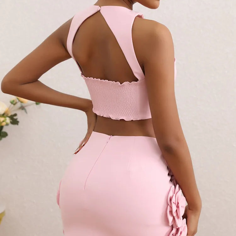 Women Celebrity Sexy Tank Flower Backless Pink Mini Summer Skirt Set 2024 Elegant Evening Club Party Outfits