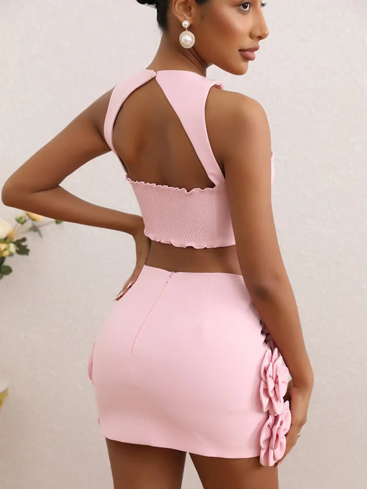 Women Celebrity Sexy Tank Flower Backless Pink Mini Summer Skirt Set 2024 Elegant Evening Club Party Outfits