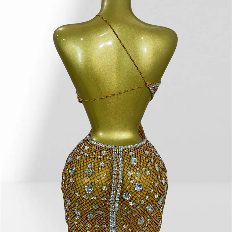 Sparkling Diamonds Sexy Hollow Out Blackless Mesh See Through Mini Dress Fashion Woman Evening Party Dress Birthday Party Outfit