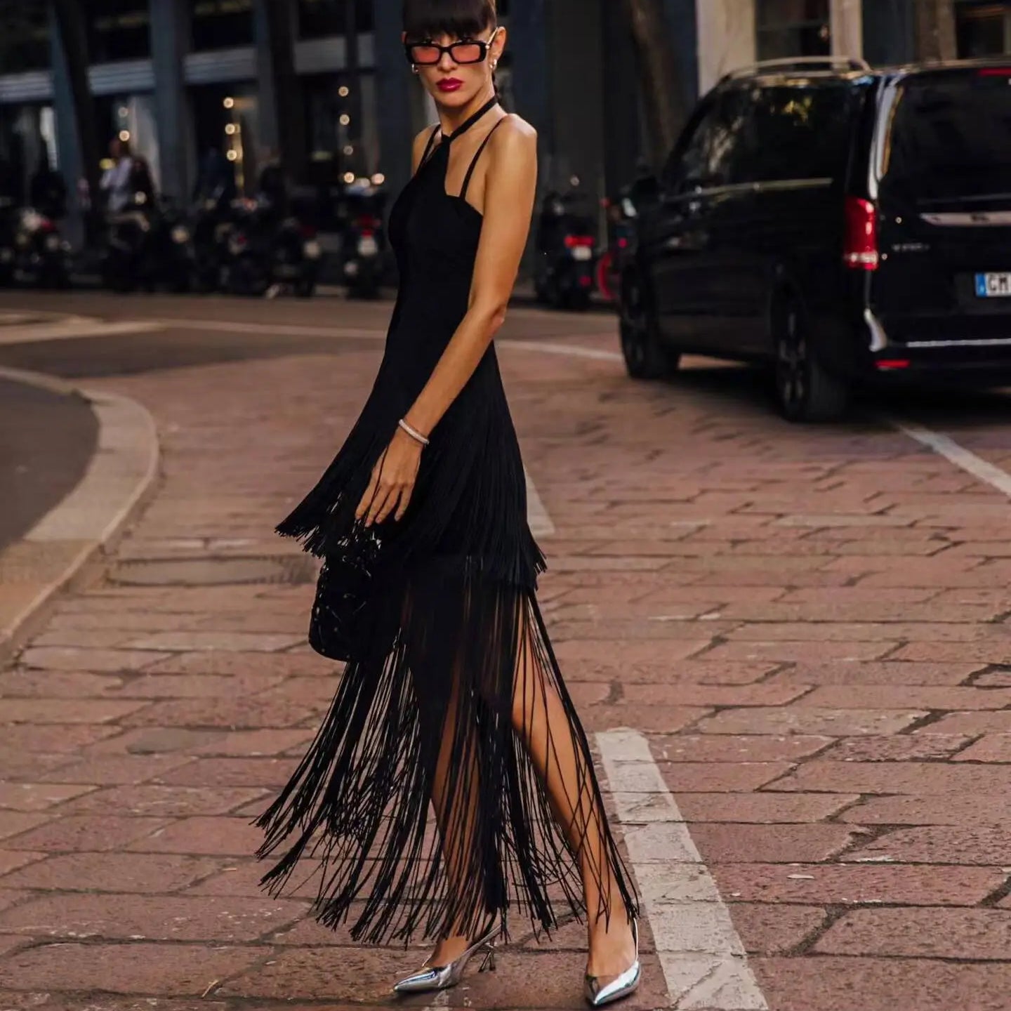 Black Green Women Sleeveless Sexy Strap V-Neck Bodycon Long Tassels Bandage Dress Celebrate Fashion Red Carpet Evening Dress