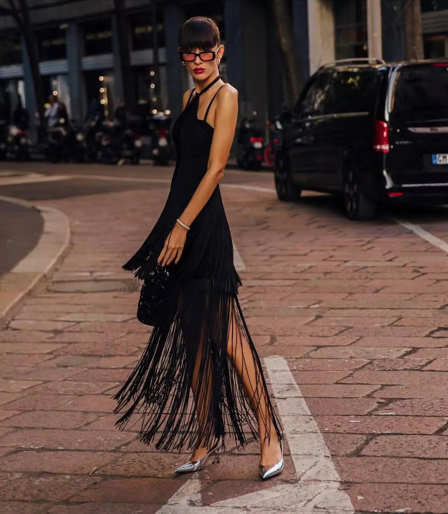 Black Green Women Sleeveless Sexy Strap V-Neck Bodycon Long Tassels Bandage Dress Celebrate Fashion Red Carpet Evening Dress