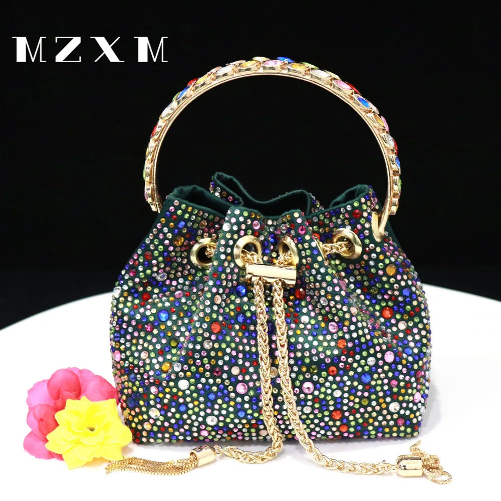 Bucket Wallet Evening Bag for Women Party and Evening Bags with Crystal Rhinestone for Party Wedding Prom Dress Chain Bag green 15x9x13cm